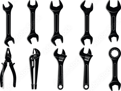 Set of hand tool silhouettes, wrench, spanner, pliers, adjustable wrench vector illustration for mechanic, repair, and workshop