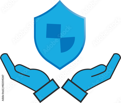 Two hands presenting a bright blue shield icon for protection concept