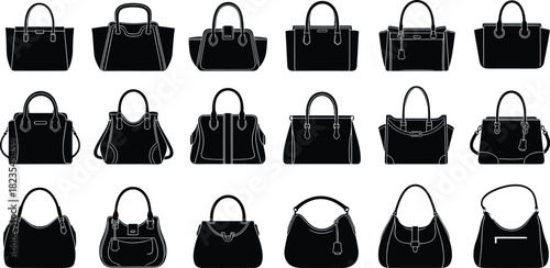 Set of handbag silhouettes, women purse collection, fashion bag icons, black accessories vector illustration, isolated symbols on white background, flat style