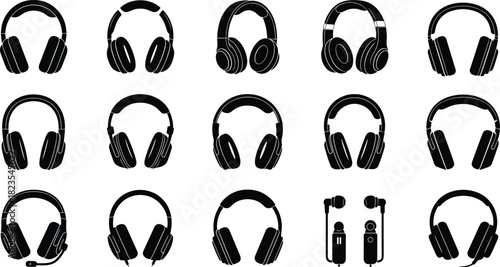 Set of headphone silhouettes, black audio device icons, gaming headset, studio earphones and earbuds vector collection, isolated on white