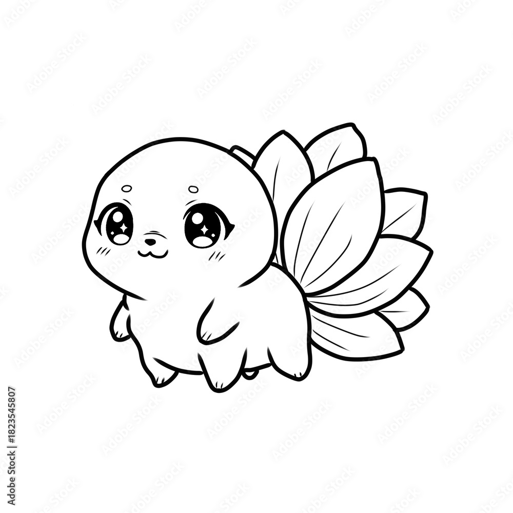 Fototapeta premium Cute cartoon fantasy creature line art drawing with a large, elaborate lotus flower or leaf-like tail. Kawaii style vector illustration, nature or plant mascot concept