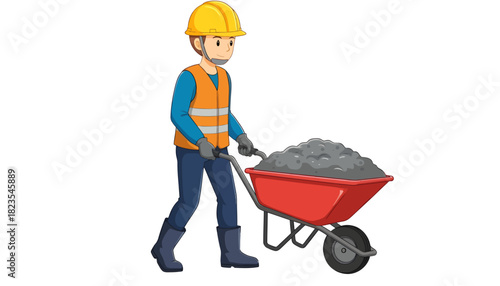 A construction worker pushing a loaded red wheelbarrow on a plain white background.