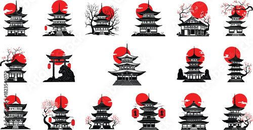 Set of Japanese pagoda and temple silhouettes, traditional Asian architecture vector icons with red sun, isolated on white background