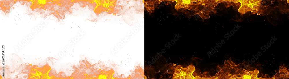 Naklejka premium PNG image of Dynamic fire background with intense flames creating a striking border effect perfect for graphic design projects and adding a fiery touch to visuals on transparent background