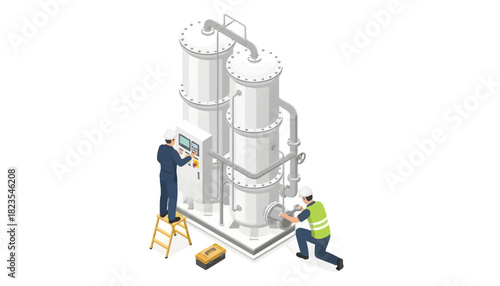 Isometric illustration of two workers inspecting and maintaining a large industrial tank with pipes and equipment.