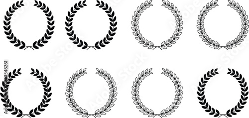 Set of laurel wreaths, circular award frames and heraldic symbols, black vector illustration collection isolated on white background, design elements