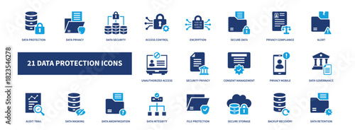 data protection icon set, solid style, vector illustration