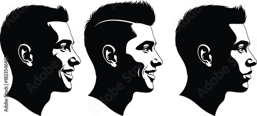 Set of male face profiles, man head silhouette with modern haircut, barbershop logo design vector, isolated on white background