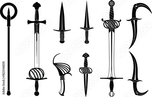 Set of medieval weapon silhouettes, ancient swords and daggers, fantasy game icons, sharp blade collection, black vector illustration, isolated armory