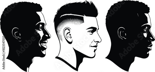 Set of men profiles, barbershop haircut styles, male head silhouettes, side view portrait, fashion vector illustration, diverse guys collection