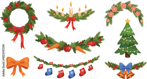 Festive Christmas decorations set, wreath, garlands, tree, candles, apples, stockings, bells, holiday icons, seasonal cartoon-style graphics