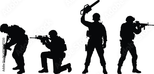 Set of military soldier silhouettes, special forces team with rifles and breaching tool, tactical army vector illustration isolated