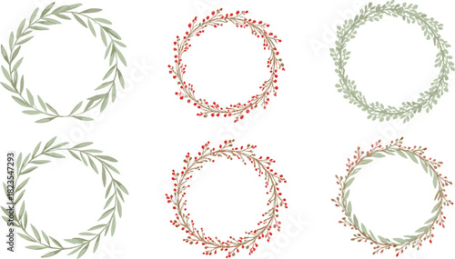 Botanical Christmas wreath collection, festive leaf and berry designs, seasonal circular frames, holiday decoration elements, elegant winter graphic set