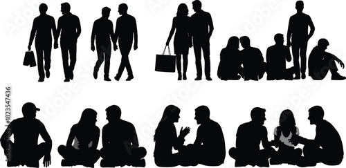 Set of people silhouettes, walking couples and friends, sitting groups talking, communication concept, black vector illustration, lifestyle collection