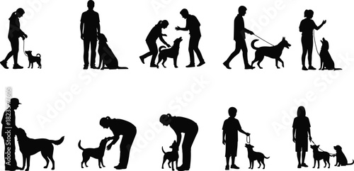 Set of people with dogs silhouettes, walking, training and petting animals, pet owner vector collection isolated on white background