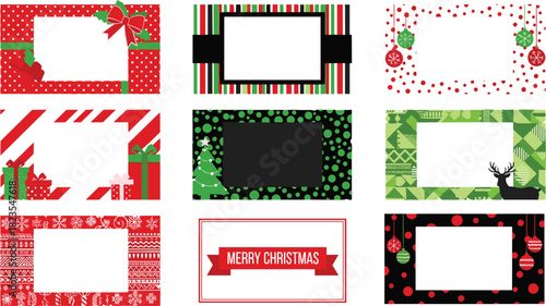 Christmas label collection with festive borders, holly, bows, ornaments, reindeer, snowflakes, gift boxes, seasonal tag designs, holiday graphics