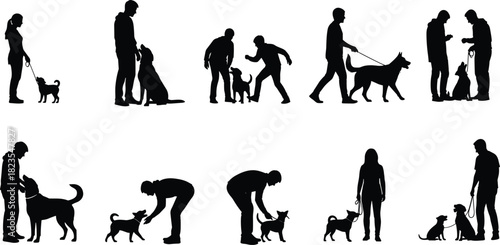 Set of people with dogs silhouettes, walking, training and playing with pets, owner and animal vector collection isolated on white
