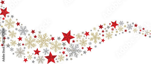 Christmas stars and snowflakes swirl design, red gold silver festive pattern, holiday decorative background, seasonal celebration graphic elements