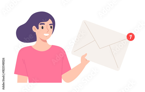 Young woman holding unread e-mail isolated on white background. Concept of receiving mail, business character, connection, communication. Flat vector illustration.