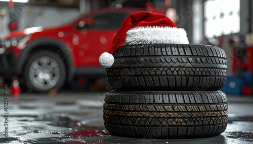 Stacked car tires with Santa hat in festive garage setting.