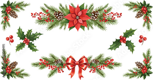 Christmas border with poinsettia, pinecones, berries, holly leaves, festive ribbon, winter floral frame, holiday greeting card design, seasonal decoration