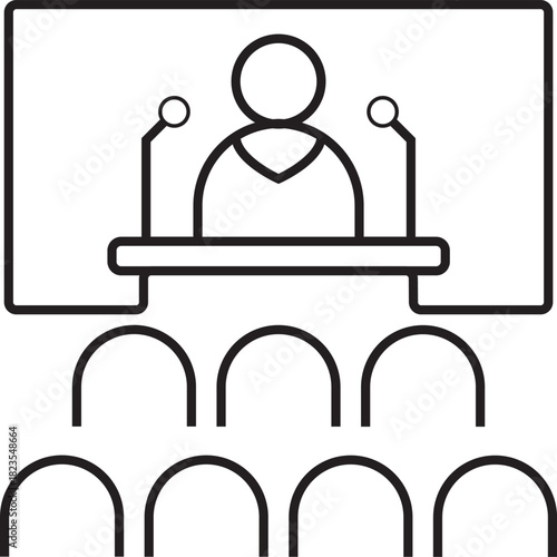 Line art icon of a speaker at a podium with microphones, presenting to an audience in front of a screen.
