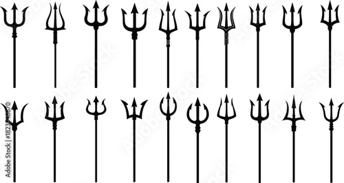Set of trident silhouettes, ancient weapon icons, Poseidon and Neptune symbols, devil pitchfork collection, black vector illustration set, isolated shapes