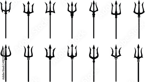 Set of trident silhouettes, black three pronged spear collection, Poseidon and Neptune weapon vector icons, isolated on white background