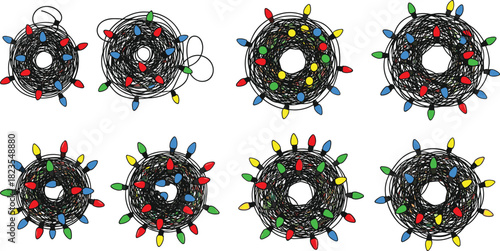 Coiled bundles of colorful string lights, festive holiday decor, vibrant bulbs, Christmas lighting variations, tangled wire display, seasonal celebration