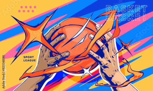 basketball championship banner with dynamic hands holding a ball. Vibrant sports theme with energetic star elements for tournament branding, athletic posters, and league promotional materials. Sports 