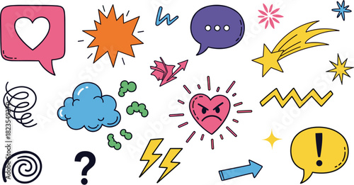 Handdrawn doodle set with various emotional expressions, including love, anger, surprise, and confusion isolated on white background