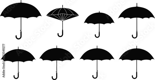 Set of umbrella silhouettes, black rain protection icons, weather parasol collection, vector illustration shapes, isolated autumn accessories, storm concept