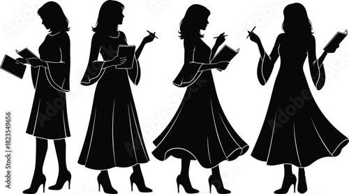 Set of woman silhouettes in dress holding notebook and pen, writing and reading poses, vector illustration isolated