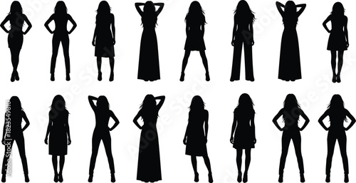Set of woman silhouettes, female fashion models standing in dresses and pants, black vector collection isolated on white background