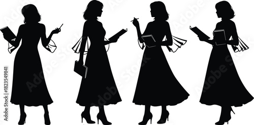 Set of woman silhouettes, female figure in dress holding book, reading and writing poses, teacher or student concept, black vector illustration