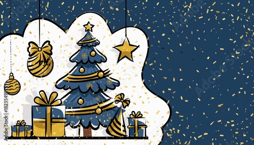 Wallpaper Mural Festive Christmas Tree with Gifts and Ornaments, Sparkling Confetti Torontodigital.ca