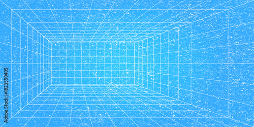 3D wireframe perspective grid room template design vector illustration background. Empty three dimensional virtual room perspective wireframe grid geometric sketch. Cyber virtual line interior frame.