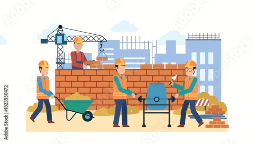 Flat illustration of construction workers building a brick wall with a crane and tools on a construction site