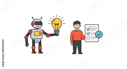 Robot presenting an idea to a man reviewing checklist showing collaboration between humans and AI demonstrating process automation benefits.