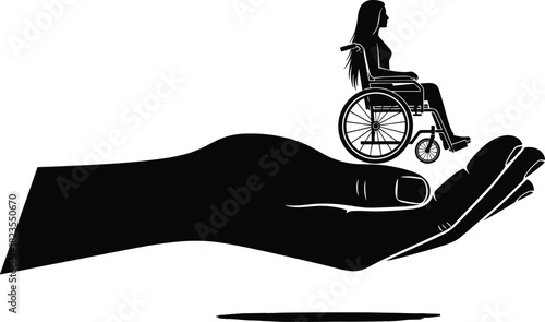 Silhouette of big hand holding disabled woman in wheelchair, disability care and support concept, black vector illustration isolated