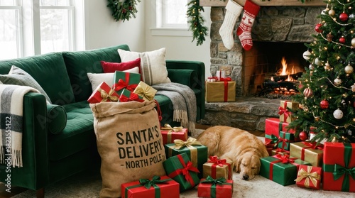 Wallpaper Mural Festive Christmas Decorations with Presents and Golden Retriever by Fireplace Torontodigital.ca