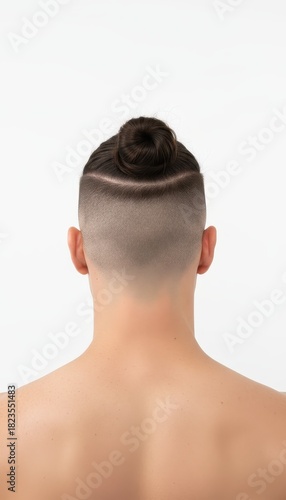 Wallpaper Mural Rear view of a modern man's stylish hairstyle, showcasing a neat man bun with a sharp undercut fade against a clean white background Torontodigital.ca