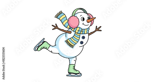 A cheerful cartoon snowman wearing a striped scarf and pink earmuffs while happily ice skating.