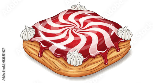 A detailed illustration of a pastry with a red and white swirled glaze and whipped cream.