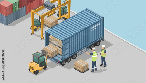 Isometric illustration of workers loading cargo containers with a forklift at a shipping port.
