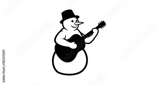 A black and white illustration of a snowman wearing a top hat and playing an acoustic guitar.