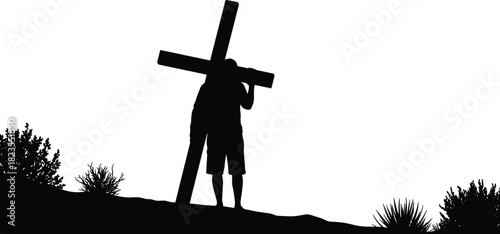 Silhouette of man carrying large wooden cross on shoulder, walking up hill, Christian religious symbol of faith, vector illustration