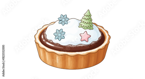 Festive chocolate tart with white topping, snowflake and Christmas tree decorations.