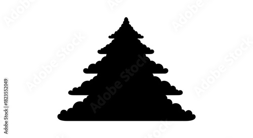 Silhouette of a detailed evergreen tree, a symbol of nature and the outdoors, against a white background.