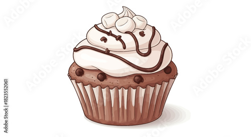 A detailed illustration of a chocolate chip cupcake with white frosting, chocolate drizzle, and mini marshmallows on top.